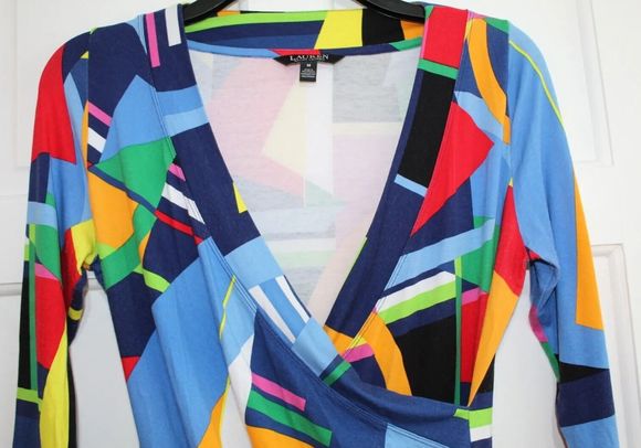 Ralph Lauren Women's  Top Size M Mock Wrap Retro Funky Colour And Pattern - Picture 7 of 8